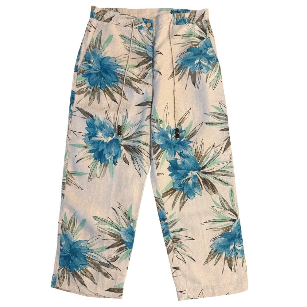 VTG 100% Linen Hawaiian Beach Pants Hibiscus Floral High-Rise Ankle Women's 10
